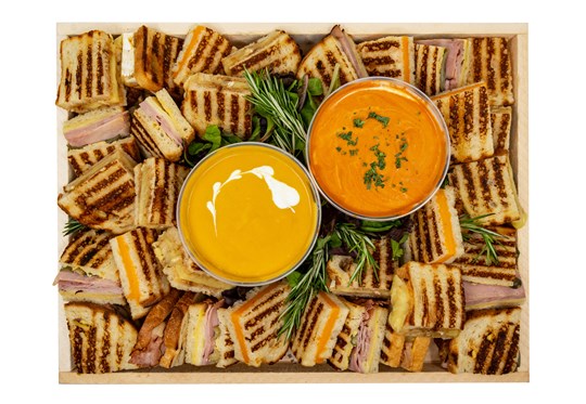 Grilled Cheese Board with Tomato Basil Bisque & Butternut Squash Soup