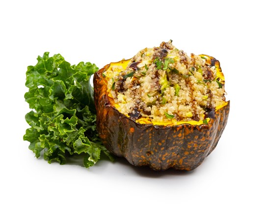 Stuffed Acorn Squash with Quinoa Chickpea Brussels Sprouts and Feta Cheese