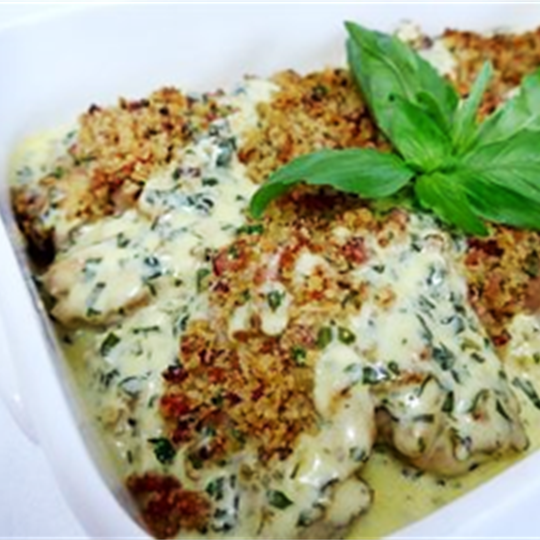 Chicken Parmesan Fillets with Creamy Basil Sauce (gf) served hot with choice of 2 salads (min 10)