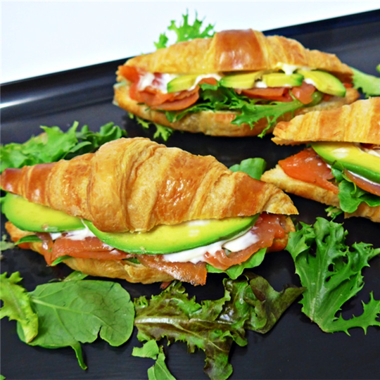 Mini Croissant filled with Smoked Salmon, Avocado and Garlic Aioli x 1 x Mini Croissant filled with Chicken, Mayonnaise, Sour Cream and Shallots (min 5)  - Individually Packaged