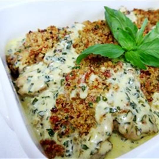 Chicken Parmesan Fillets with Creamy Basil Sauce (gf) served hot with choice of 1 salad (min 10)