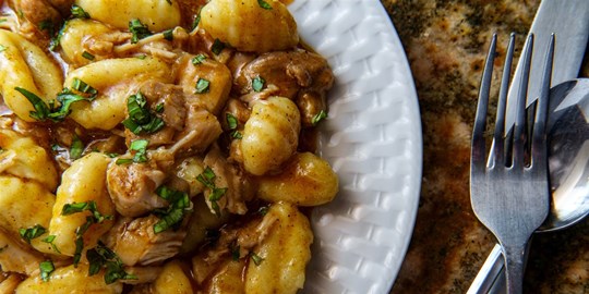 Braised chicken ragu with potato gnocchi