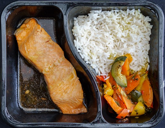 Frozen - Teriyaki salmon, steamed rice, stir fried vegetables