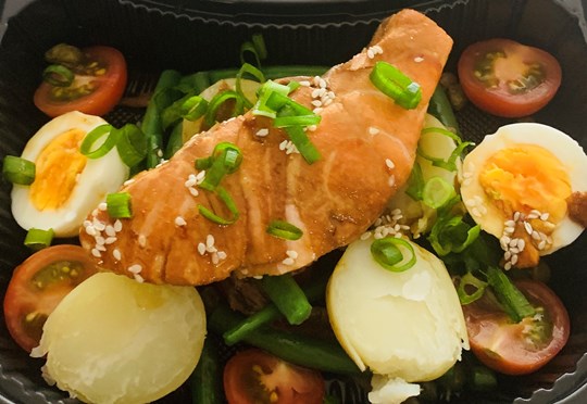 Poached ginger salmon with nicoise salad