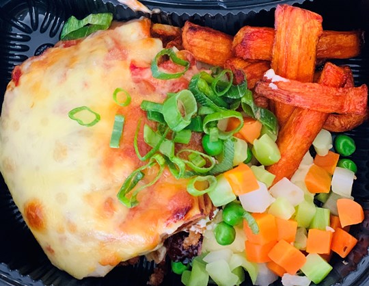 Beef lasagne with broccoli and baked carrots